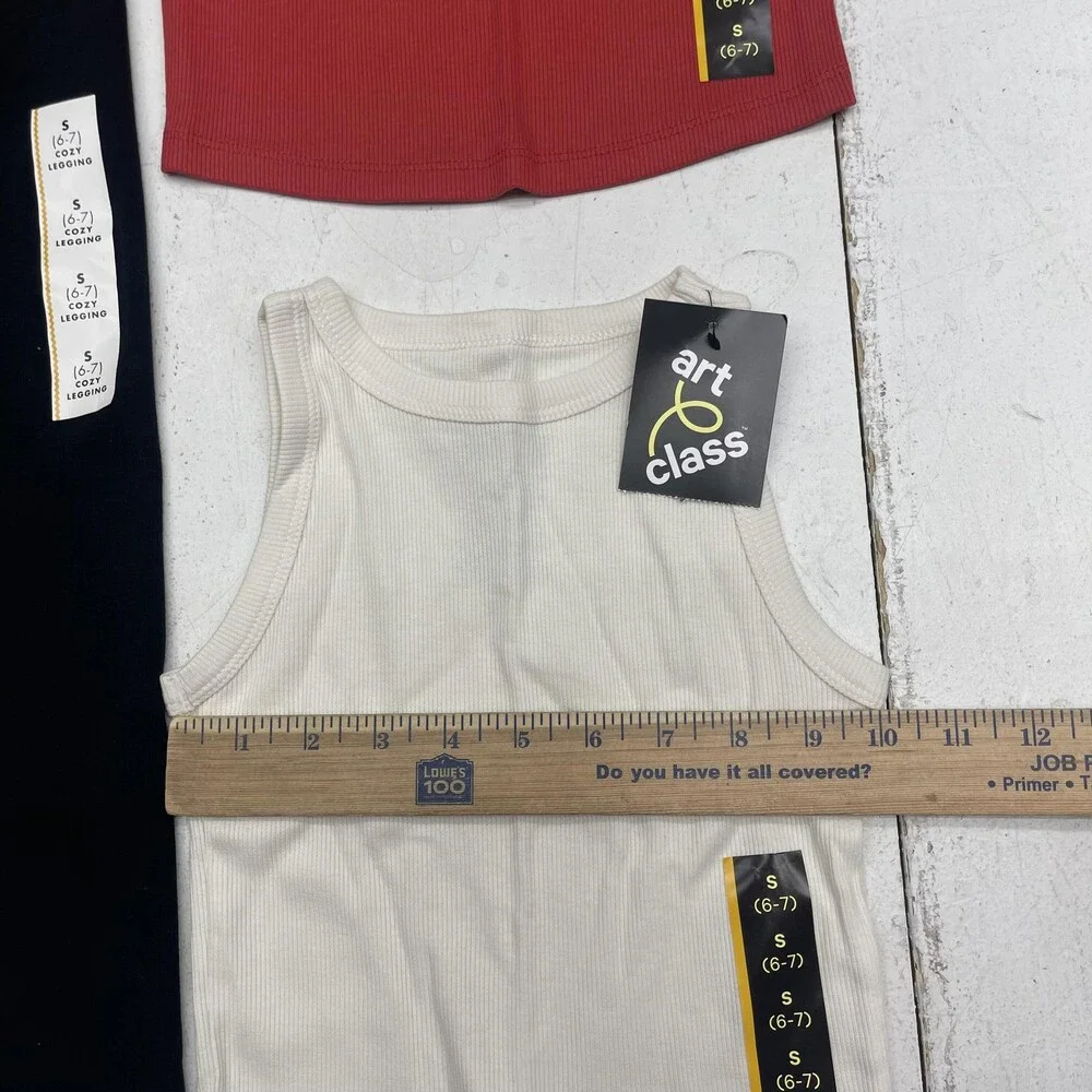 Cat & Jack Art Class Outfit Set Girls Small 6-7 Red Cream Tanks Black Leggings